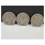 3 Silver Mercury Dimes 1942 S & Two 1943 Plain