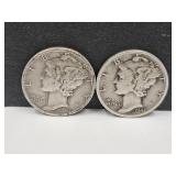 2 Silver Mercury Dimes 1943 Plain & 1943 D