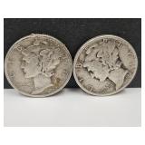2 Silver Mercury Dimes 1942 D