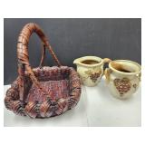 VTG Bamboo Style Basket, Stoneware Crock & Pitcher