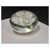 White Flowered Glass Paperweight Unmarked