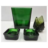 Lot Of Green Art Glass; 3 Candle Holders & Vase