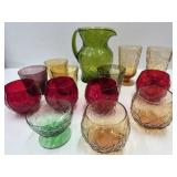 Morgantown Green Pitcher w 13 Multi Color Glasses