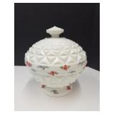 LG 8"  Painted Milk Glass Floral Candy Dish w Lid