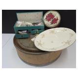 Sewing Notions, Thimbles, Platter, Cardboard Tub+