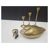 3 Brass Candle Stick Holders & Duck Needs Repair