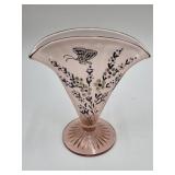 Pink Depression Glass Fan Vase wButterflies 7 3/4
