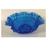 BLUE RUFFLED THUMBPRINT GLASS BOWL
