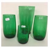 GREEN GLASS TUMBLERS AND VASE