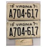 1971 VIRGINIA LICENSE PLATE, BAND BROKEN