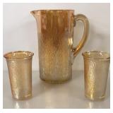 MARIGOLD CARNIVAL GLASS PITCHER AND TUMBLERS