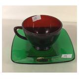 RUBY CUP AND FOREST GREEN ANCHORGLASS DISH
