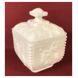 WESTMORELAND MILK GLASS GRAPE BEADED COVERD DISH