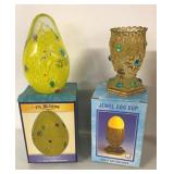 GLASS EGG PAPER WEIGHT AND JEWELED EGG CUP