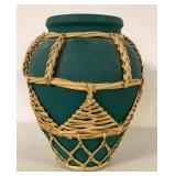 GREEN POTTERY JAR WICKER WRAPPING