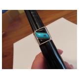 Vintage Silver - Turquoise & Onyx Ring  Size 12