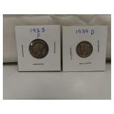 1923 & 1939D Silver Mercury Head Dimes