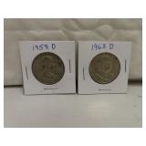 1958D & 1963D Franklin Silver Half Dollars