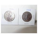 1936 & 1945 Silver Walking Liberty Half Dollars