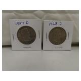1957D & 1963D Franklin Silver Dollar Half Dollars