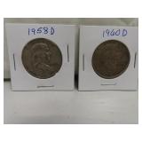 1958D & 1960D Silver Franklin Half Dollars