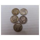 5 Silver Mercury Dimes =1917 - 1928 - 1935 - 1937