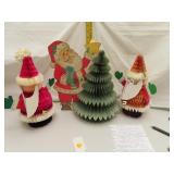 3 Vintage Crepe Paper & Cardboard Santas