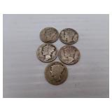 5 Silver Mercury Dimes 1936 - 1935 - 1937D - 1942