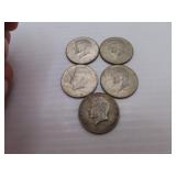 5 (40%) Silver Kennedy Half Dollars 1966 - 2=1967