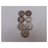 7 Silver Quarters - 1=Poor Condition - 3 = Fair -