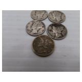 5 Silver Mercury Dimes - 2= 1936 - 1942 - 1944 -