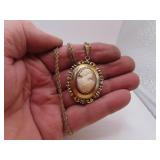 Vintage Cameo Locket Necklace - Gold Filled Chain