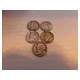 5 Silver Mercury Dimes - 1927 - 1936S - 1942 -