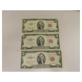3 Series 1953 Red Seal $2.00 United States Notes