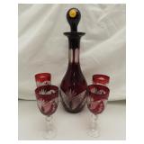Antique Ruby Cut to Clear Wine Decanter & 4