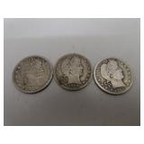 3 Silver Barber Quarters - 1902 0 - 1909 - 1915 D