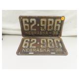 Antique 1936 Nebraska License Plate Set = 62-986
