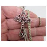 Red Stone Cross Necklace - Pendant Signed 925