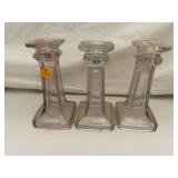 3 Antique Candle Holders - 2 Clear -1 Light Purple