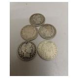 5 Silver Barber Quarters = 1895 - 2/1898 - 1902 &