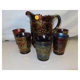 Antique Northwood Grape & Cable Pitcher with 5