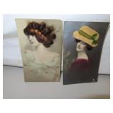 2 Antique Lady Post Cards with Real Hair