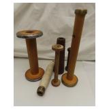 7 Antique Sewing Thread Wood Spools - Tallest =