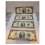 4 Consecutive Numbered $2.00 FederalReserve Notes