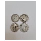 4 Old Silver Quarters = 1909 D & 1914 Barber =