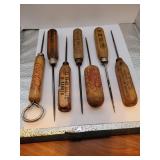 7 Vintage Ice Picks - 6 with Advertising - 1=Coca-