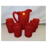 Vintage Frosted Amberina Pitcher & 6 Glasses