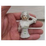 Antique 3" Porcelain Lady Doll Pin Cushion Topper