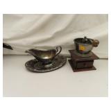 Coffee Grinder & Silverplate Gravy Boat Tray