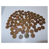 72 Wheat Pennies (1=Zinc) + 1943 Nickel